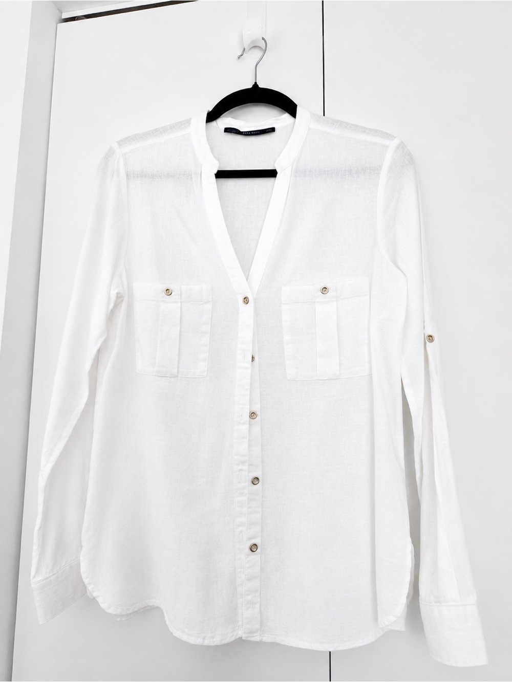 Zara White Linen Button Down Shirt Roll Tab Sleeve XS